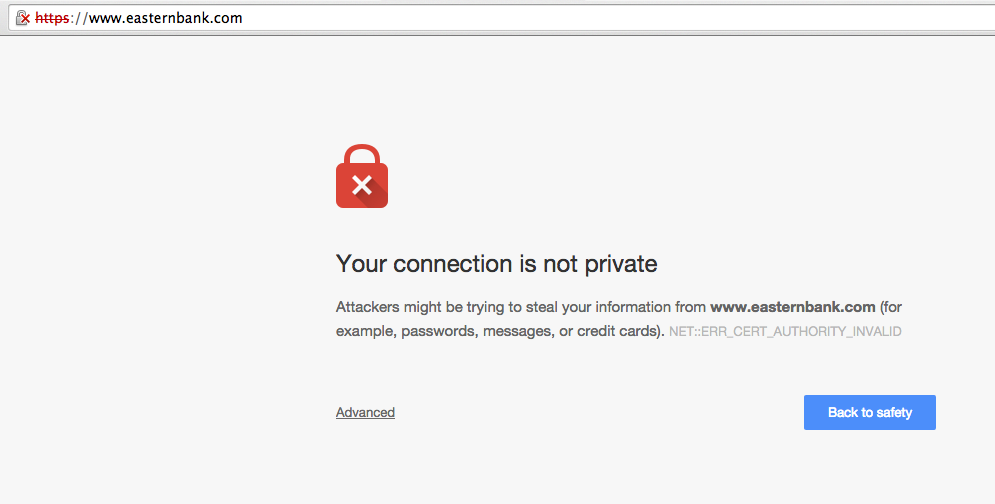ckclearco's tweet photo. @easternbank I'm getting an SSL error when I try to load your site in Chrome, been happening since yesterday. http://t.co/GRI4k5uObB