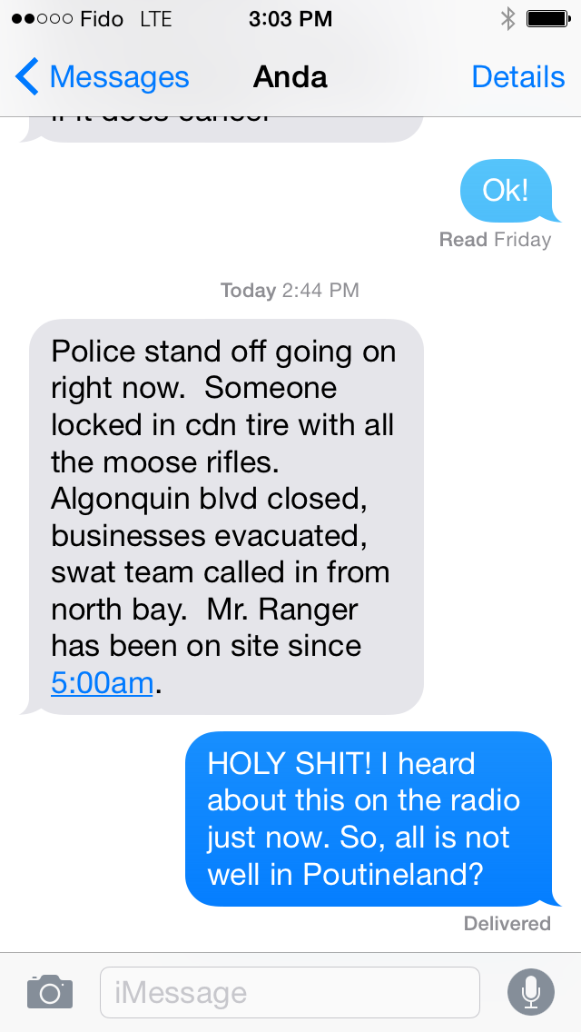 My mom just sent me this. All is not well in Poutineland. #Timmins #policestandoff #home