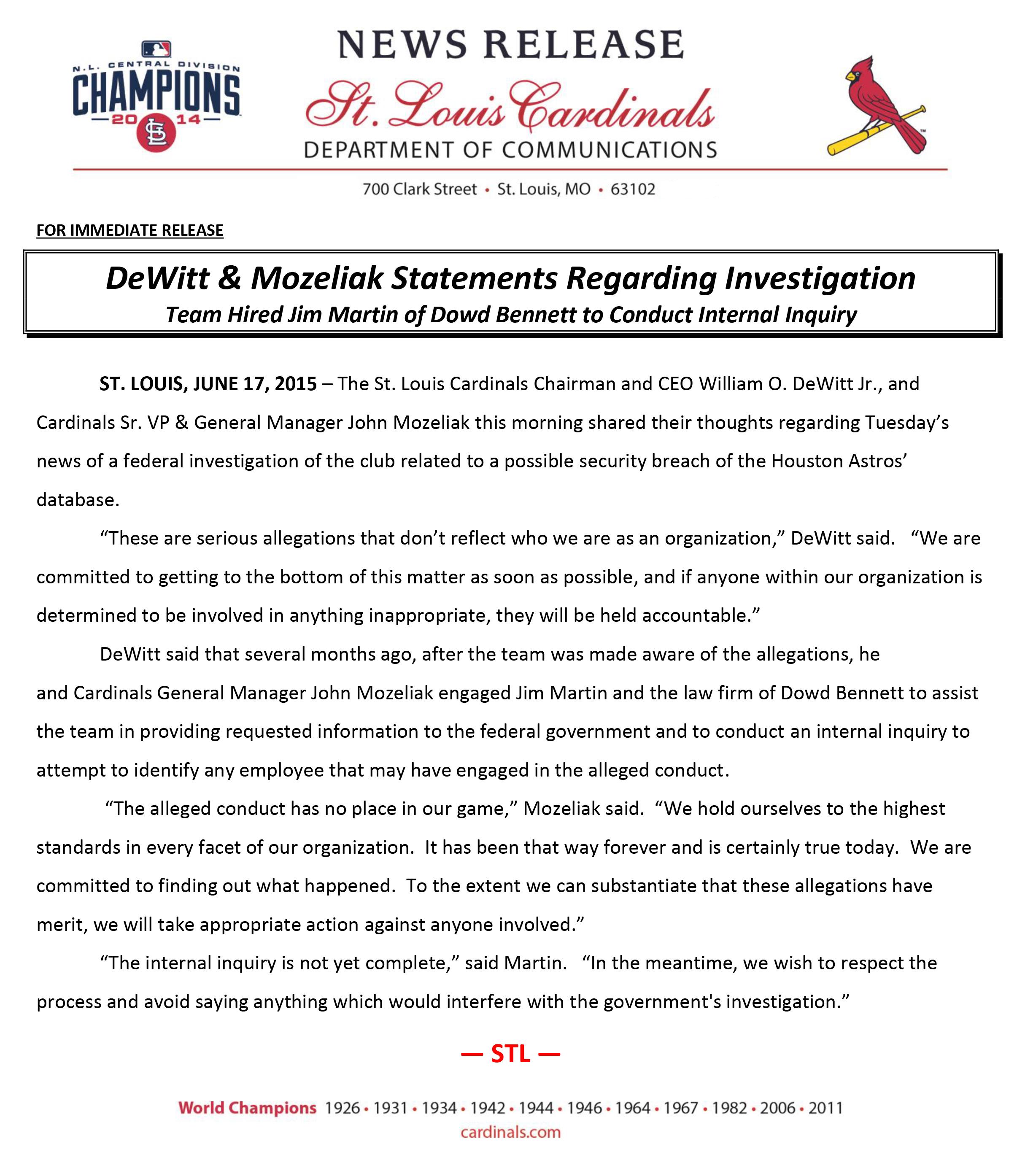 St. Louis Cardinals on Twitter: DeWitt and Mozeliak statements regarding  investigation:  / X