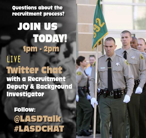 LASDHQ's tweet photo. NOW: LASD HIRING INFO LIVE CHAT! Recruit Training Dep/Drill Instr. answers ur Q's using #LASDChat. Follow @LASDTalk. http://t.co/YYKVIej4Vd