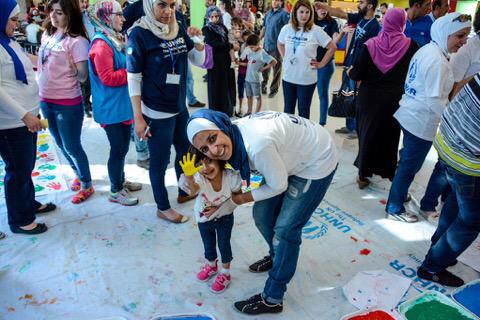 And_Harper's tweet photo. For #WRD2015 our fantastic  #Jordan @refugees team made this fantastic mural of 14,000 handprints #StandingTogetherJO http://t.co/NElWiSeOrP
