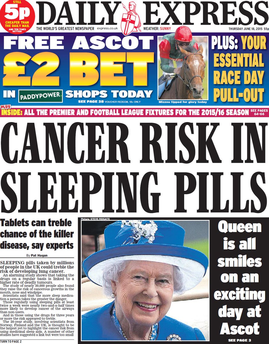 Thursday's Daily Express front page: Cancer risk in sleeping pills #tomorrowspaperstoday #bbcpapers via <a href="/suttonnick/">Nick Sutton</a>