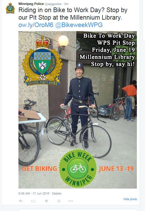 wpgpolice's tweet image. Cycling home tonight? Cycle in again on Friday &amp;amp; stop by our Bike to Work Day Pit Stop. ow.ly/OroM6
