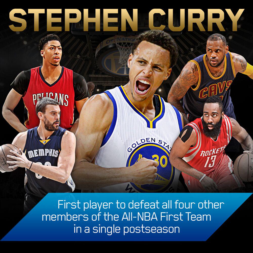 espn's tweet image. Stephen Curry: First player to ever defeat ALL four other members of the All-NBA First Team in the same postseason.