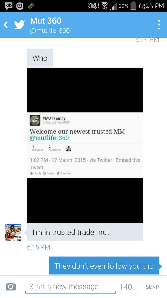 untouchables23's tweet photo. Tried saying that he was trusted middleman but they don't even follow him @TrustedTradeMUT @mutcardhelp he is scammer http://t.co/ZAcvCypoUM
