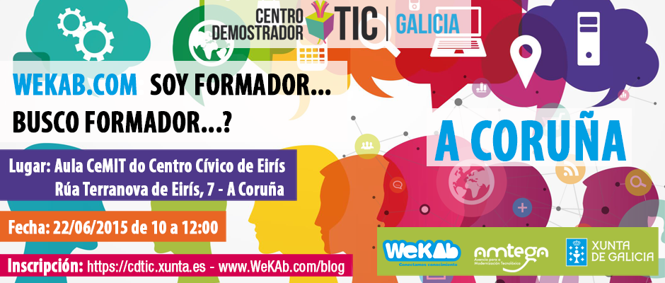 ¿Eres #formador?
El lunes 22/06 presentamos <a href="/WeKAb/">WeKAb.com</a> en #Coruña con el #CDTIC y <a href="/amtega/">Axencia para Modernización Tecnolóxica de Galicia</a> 
bit.ly/1N583Tj