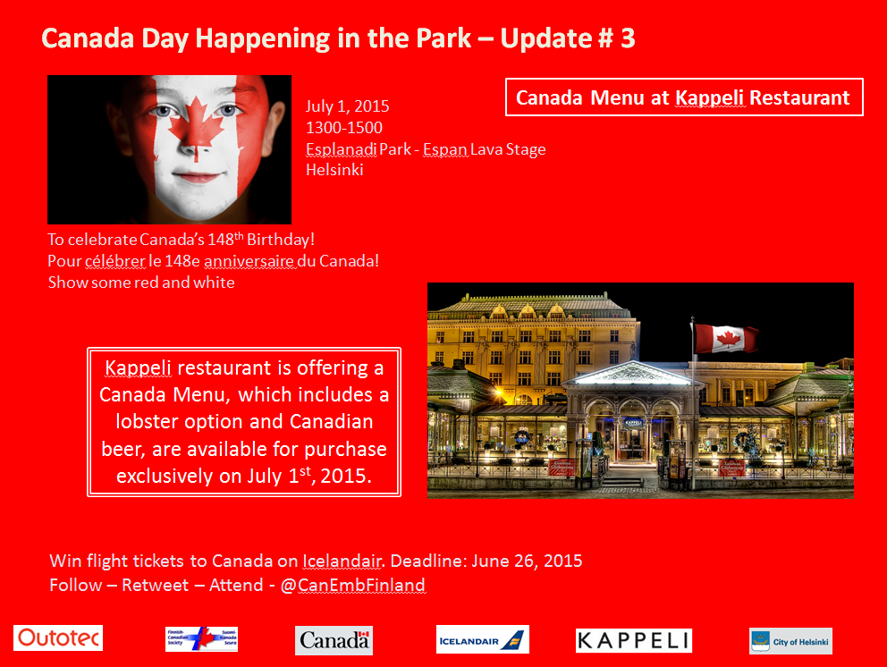 CanEmbFinland's tweet photo. #CanadaDayParty Come and taste the Canada Menu at Kappeli Restaurant on July 1! http://t.co/j3bkyyeaJX