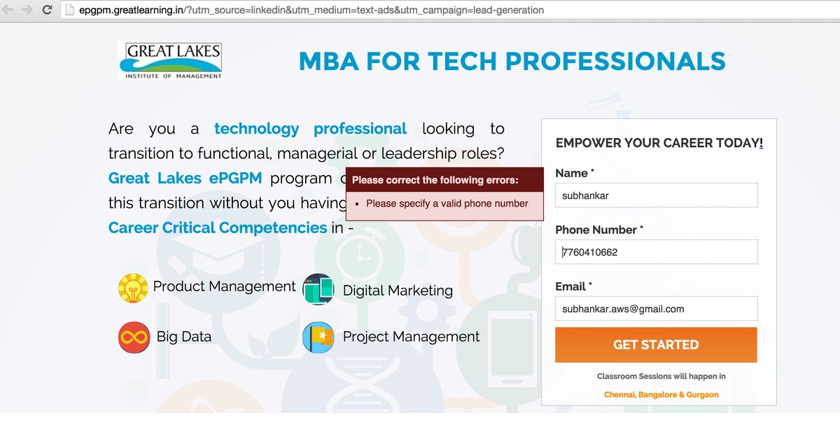 Appinfra's tweet photo. @GreatLakes_MBA I am not able to submit this, please fix the form. Why it says my cell no is not valid? http://t.co/rbXN6iZN7F