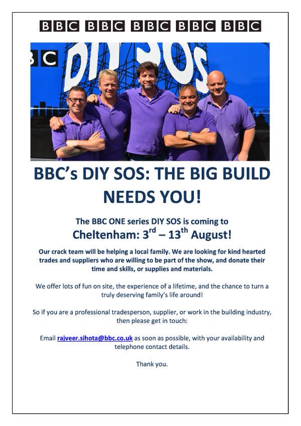 TV show <a href="/DIYSOS/">DIY SOS</a> is coming to #Cheltenham! If you know any tradespeople or suppliers who could help, please RT!