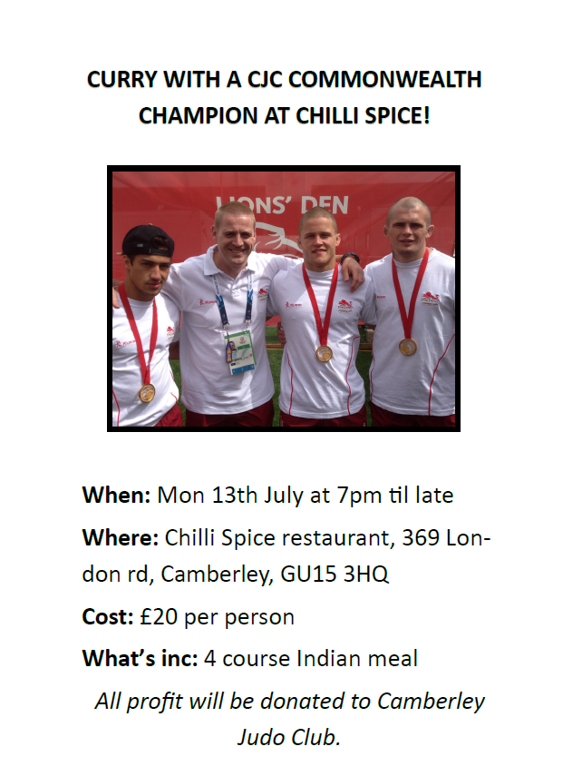 CamberleyJC's tweet photo. MONDAY 13TH JULY- CURRY NIGHT!! Buy your tickets from the office at CJC or email info@camberleyjudo.co.uk PLS RT http://t.co/fPtCGoiwfx
