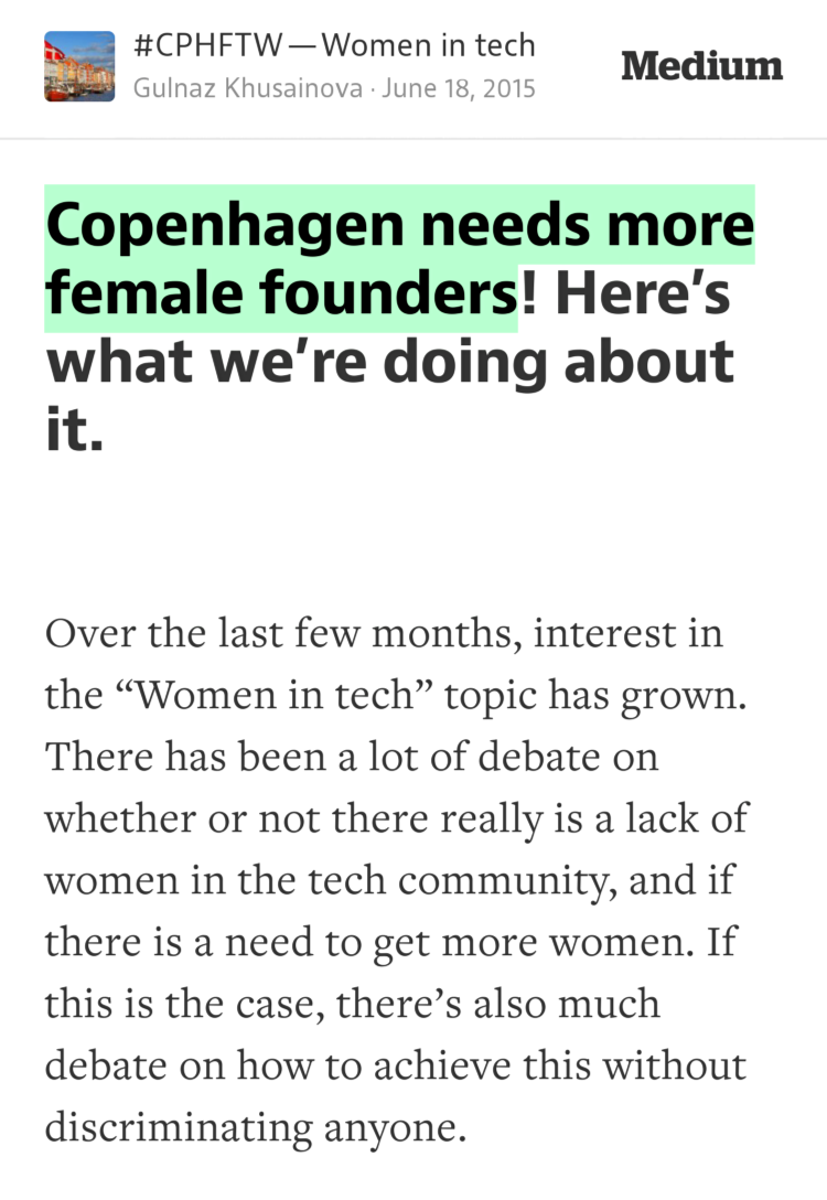 iamgulnazk's tweet image. “Copenhagen needs more female founders” — join the Women in tech meetup on 29 June. goo.gl/59GUdJ #cphftw