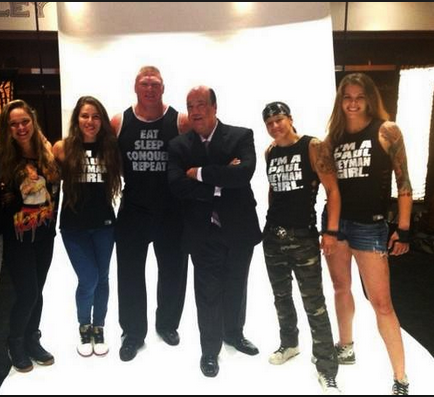 HeymanHustle's tweet photo. "@PrinceDeno Four HorseWomen and @BrockLesnar and @HeymanHustle http://t.co/gSwbORBVKy @RpmdaRousey @QoSBaszler @MarinaShafir @jessamynduke"