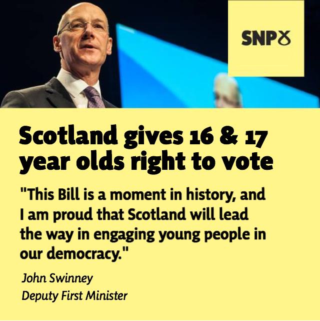 theSNP's tweet image. The @ScotParl has just voted unanimously to allow 16 &amp;amp; 17 year olds to vote in Scottish elections.