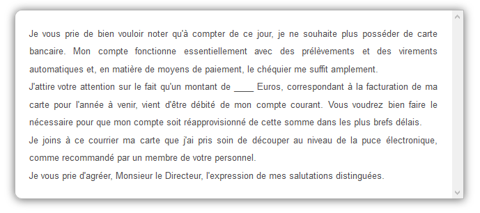 [MODÈLE #LRE ] : demande de résiliation et de remboursement d’un contrat carte bancaire.
