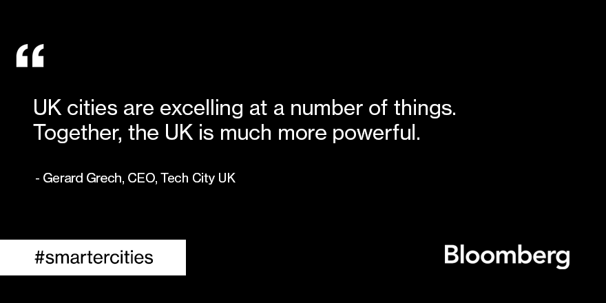 BloombergLive's tweet photo. "UK cities are excelling. Together, the UK is more powerful." @gerardgrech #smartercities #btech2015 @TechCityUK http://t.co/MRBvlXmeNF