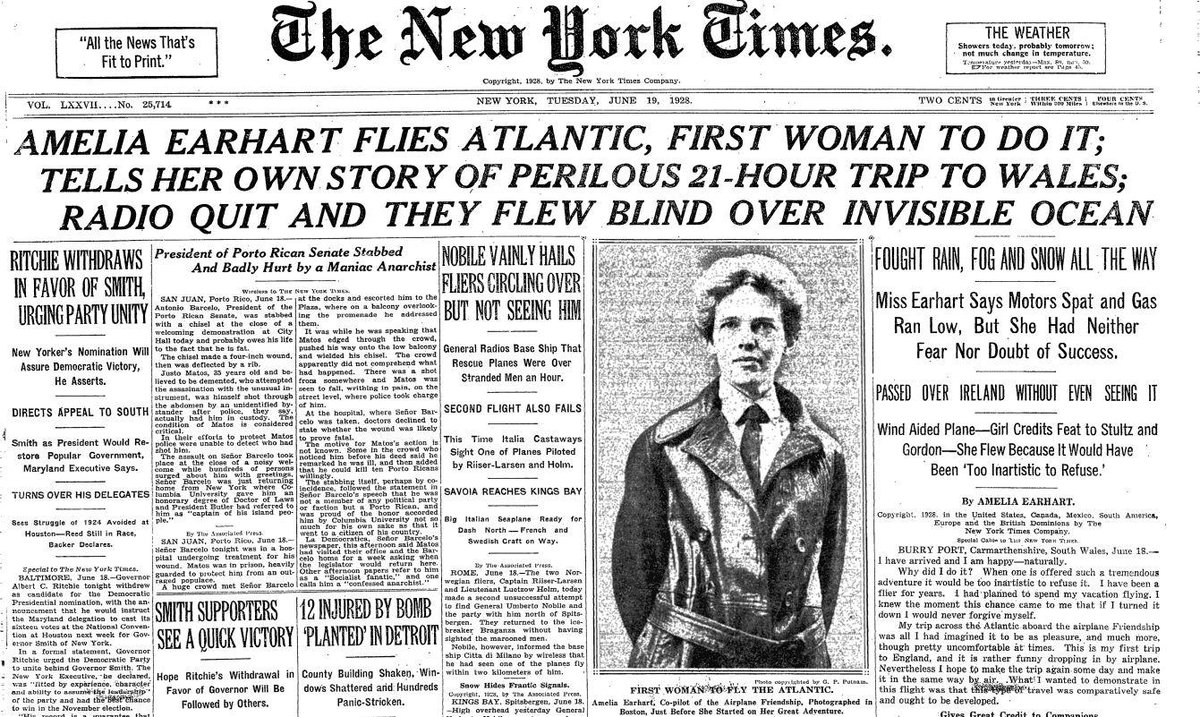 This day in 1928: Amelia Earhart becomes the first woman to fly across the Atlantic Ocean. | The New York Times A | Scoopnest