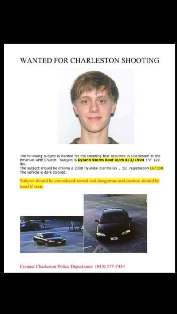 #CharlestonShooting suspect IDed as Dylann Storm Roof. He's still at large. bit.ly/1eqkDRX