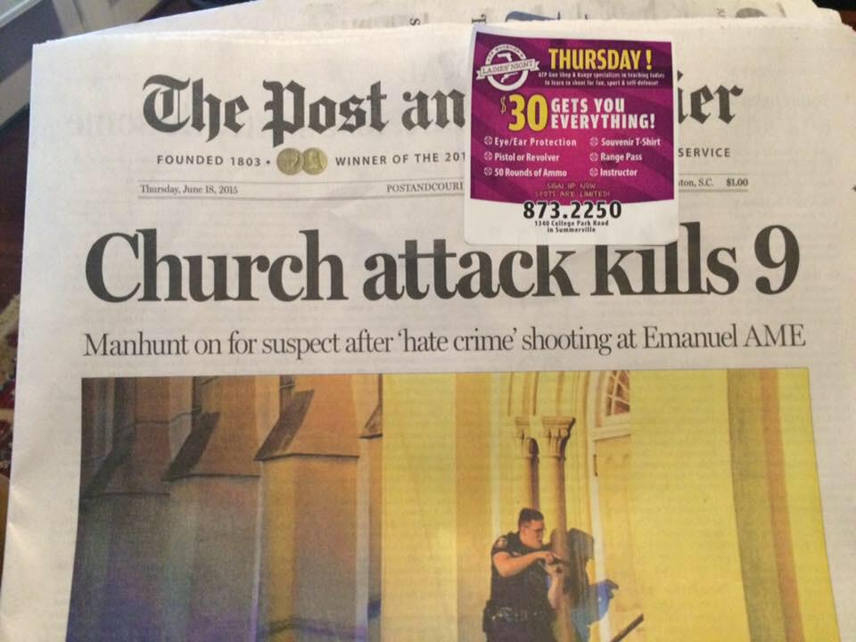 Bipartisanism's tweet image. The @postandcourier in #Charleston printed a gun coupon over todays #CharlestonShooting headline. America defined.