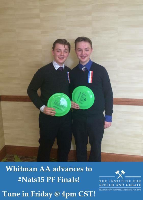 ispeechdebate's tweet photo. #ISD2014 alumni Whitman AA will debate tomorrow in the #Nats15 PF Final Round! Good luck, Arnesens! #ISDDifference http://t.co/DziqGhm8JD