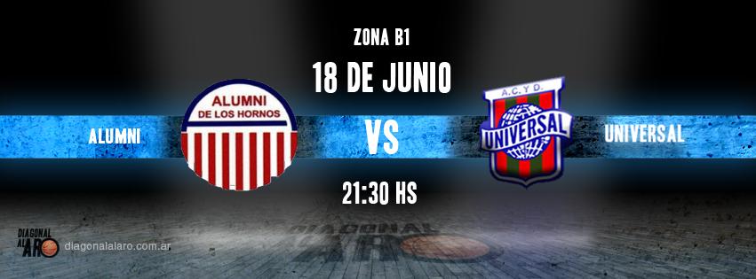 #ZonaB1 <a href="/AlumniBasquetLP/">Alumni Basquet</a> recibe a <a href="/ACDUbasquet/">Universal Basquet</a> desde las 21.30 hs. en el Polideportivo de Los Hornos.