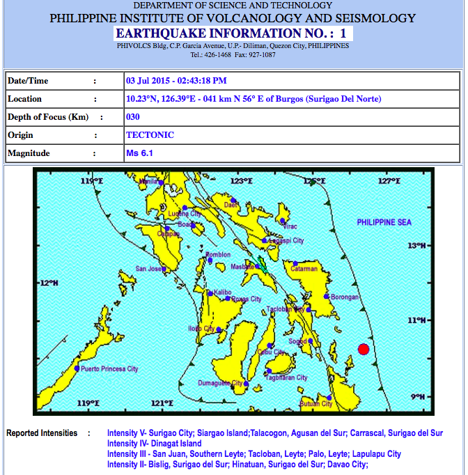 philredcross's tweet photo. Magnitude 6.1 quake at Surigao Del Norte as of 2:43:18PM | via @phivolcs_dost http://t.co/kM0C2cUlh2