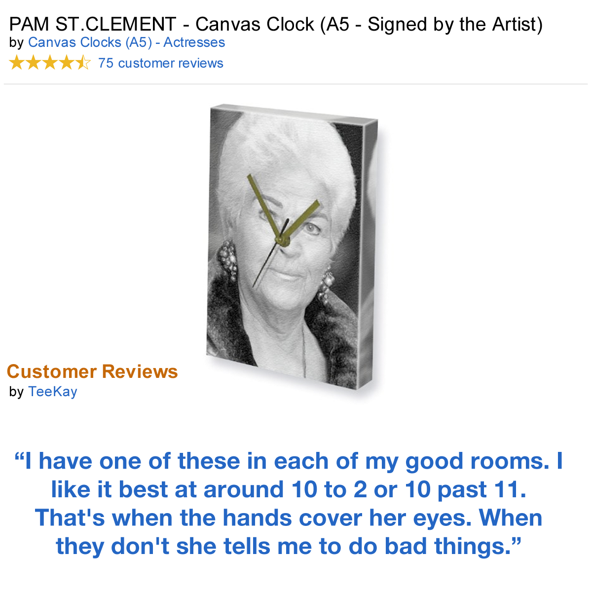 AmazonUK's tweet photo. Pam St. Clement Canvas Clock... http://t.co/bs2GhK2x2W #AmazonReviews #EastEnders http://t.co/WhZq5Pjy3M
