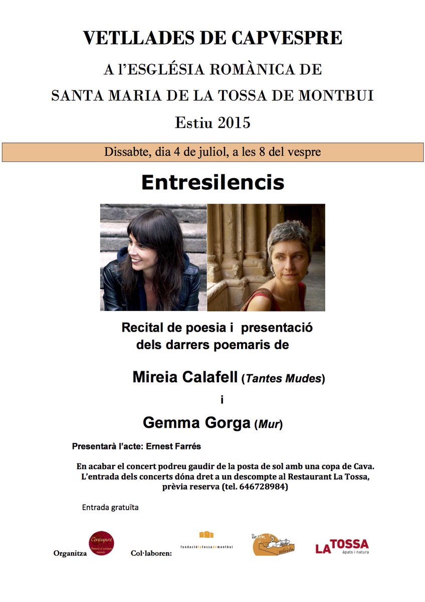 Contrapuntem's tweet photo. Demà dissbate 4 a les 20h a l'església de la @tossademontbui recital de poesia amb Entresilencis. Entrada lliure! http://t.co/0WgzYVqvYr