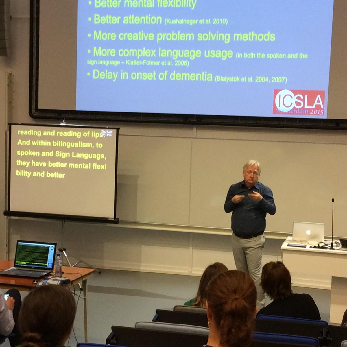 Christian Rathmann on importance of language access for deaf kids, and link betw science and ed practice. #ICSLA2015