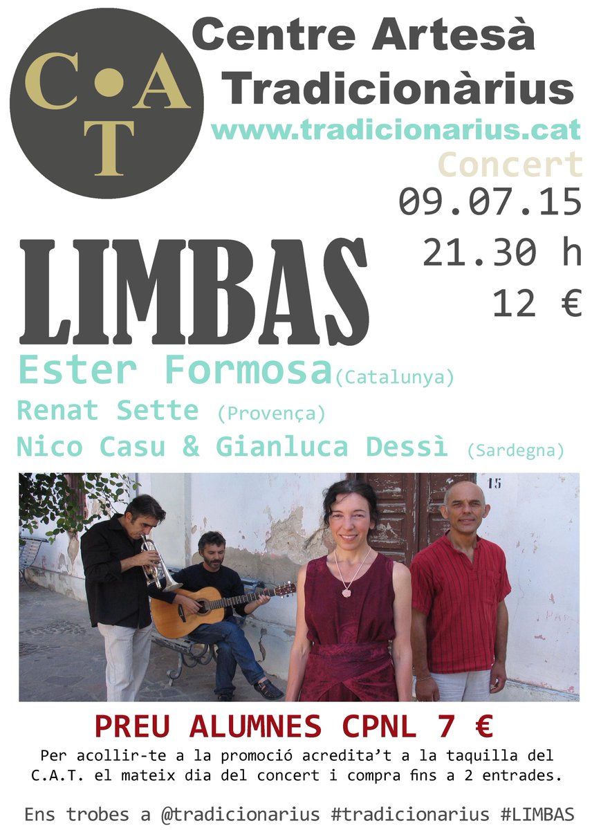 CNLBarcelona's tweet photo. .@tradicionarius ofereix descompte als #AlumnesDeCatalà per al concert #LIMBAS del proper dimecres 9 a les 21.30 h! http://t.co/6PwGNuyN5d