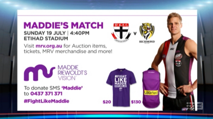 FootyonNine's tweet photo. $5 per ticket goes to @MaddiesVision! Head to @StKildaFC v @Richmond_FC on July 19. #FightLikeMaddie #AFLFootyShow http://t.co/j7mnnS4oJO