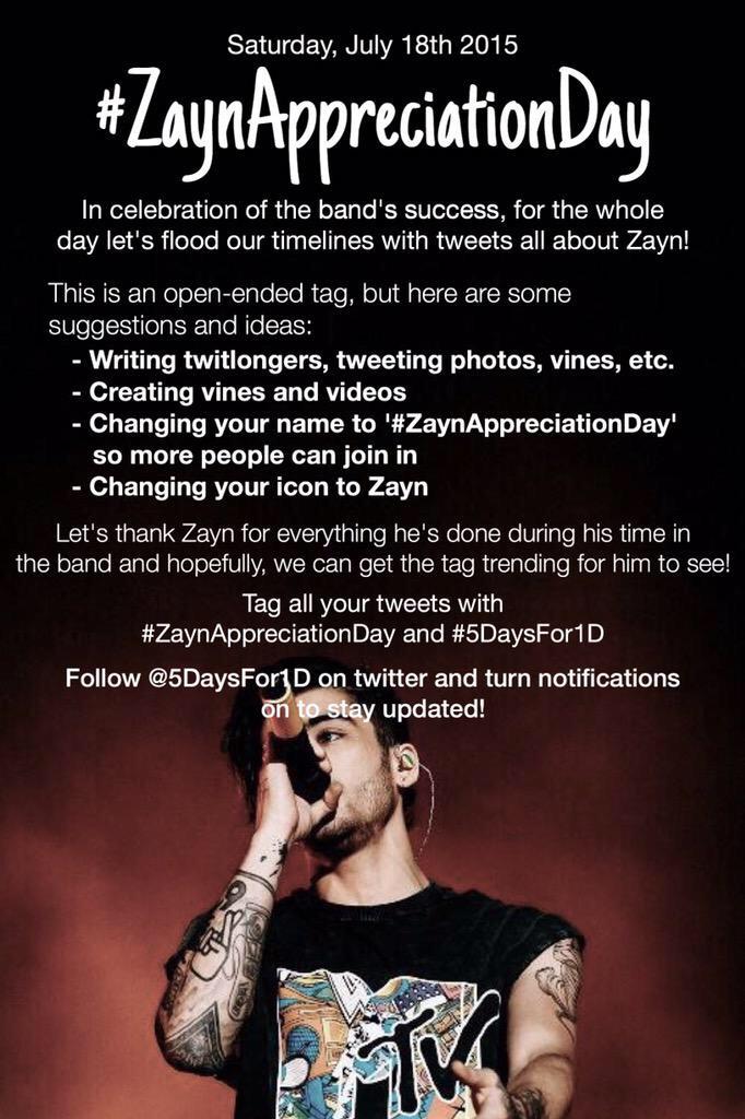 ZaynJMNews's tweet photo. #Update | Zayn kicks off 5 Days For 1D on July 18th! This day will be spent showing your appreciation for Zayn. http://t.co/CfnlGBLfjO