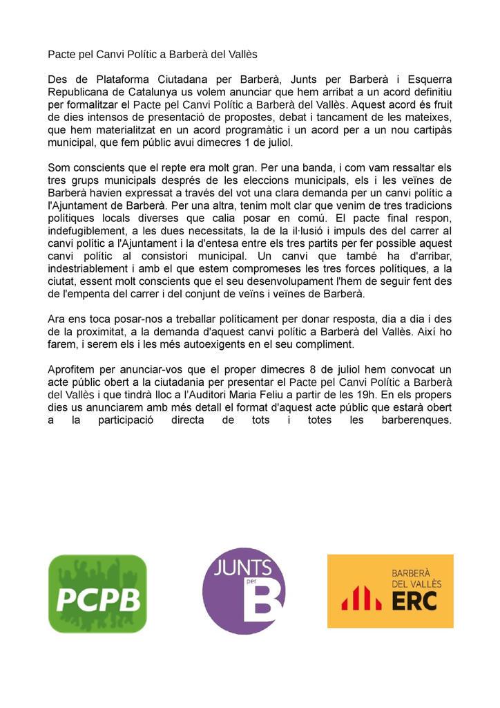 ERCBarbera's tweet photo. Pacte pel canvi polític a Barberà del Vallès, signat @PCPB_Barbera @JuntsxBarbera i @esquerra_bdv #barberadelvalles http://t.co/tRQqaC3LEU
