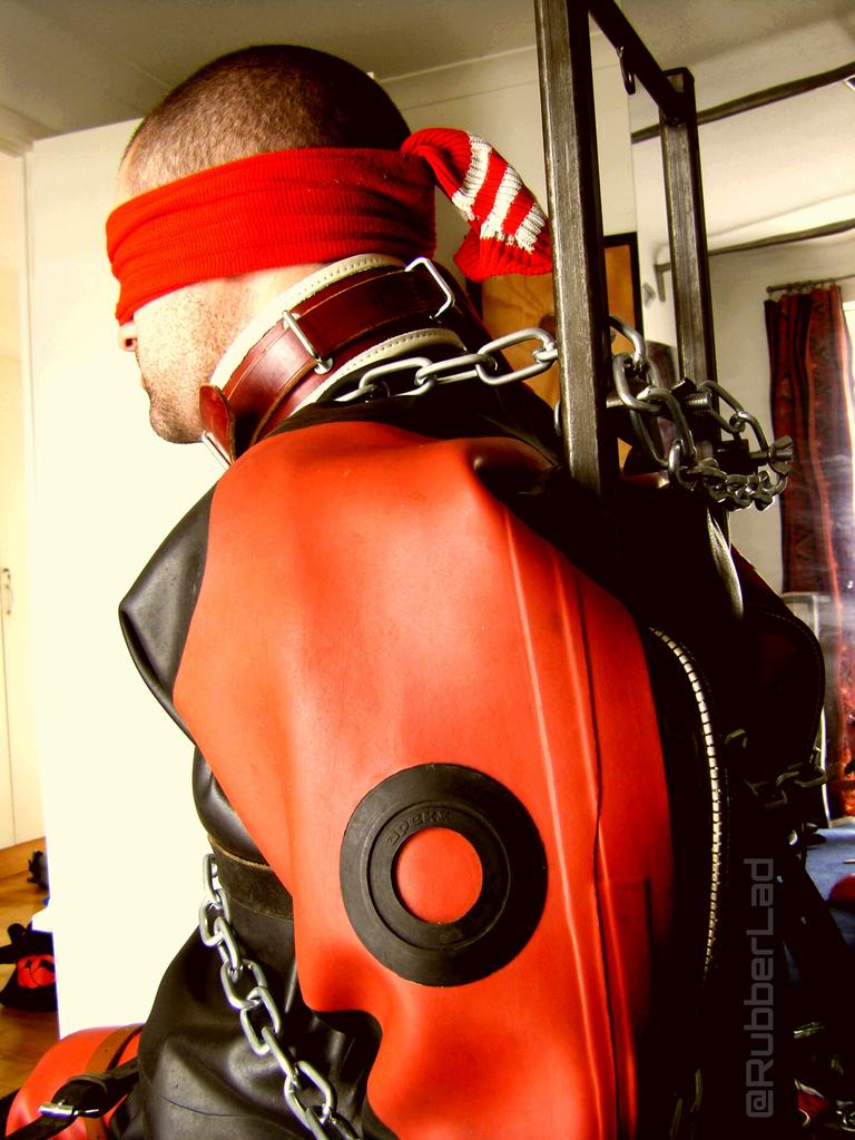 RubberLad's tweet photo. 24 hours in my hunter pro extra heavy dive suit.  The restraints were needed &amp; ultra secure. Chair fixed to floor... http://t.co/l5rK3zDf4r