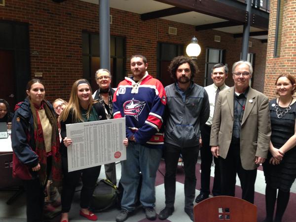 Adjuncts from multiple departments support a JCU living wage . Here we are delivering our petition to Fr. Niehoff!