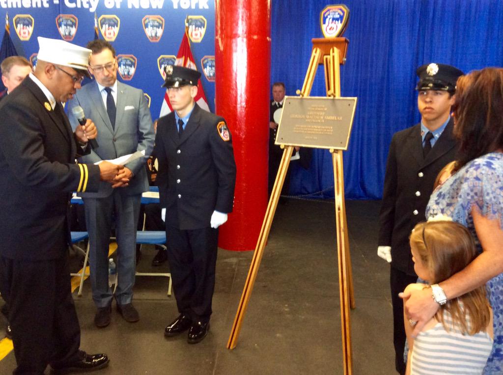 FDNY's tweet photo. The plaque remembering #FDNY Lt. Ambelas will hang at #Engine211/#Ladder119 from where he answered his last call. http://t.co/WFfoPvDVnJ