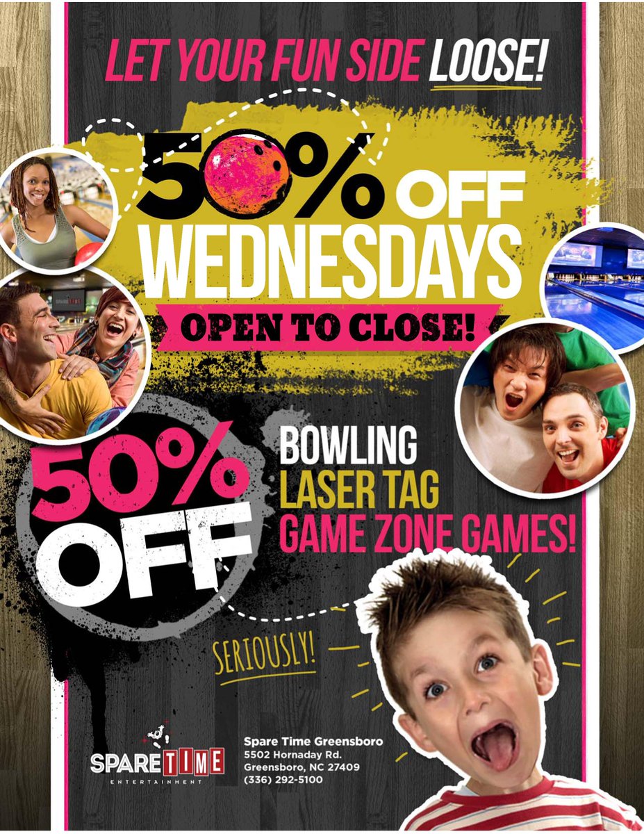 SpareTimeUSA's tweet photo. @passportcamps Spend your Wednesday afternoon with us in Greensboro with HALF OFF bowling, games and laser tag! http://t.co/2zfafcwyeT