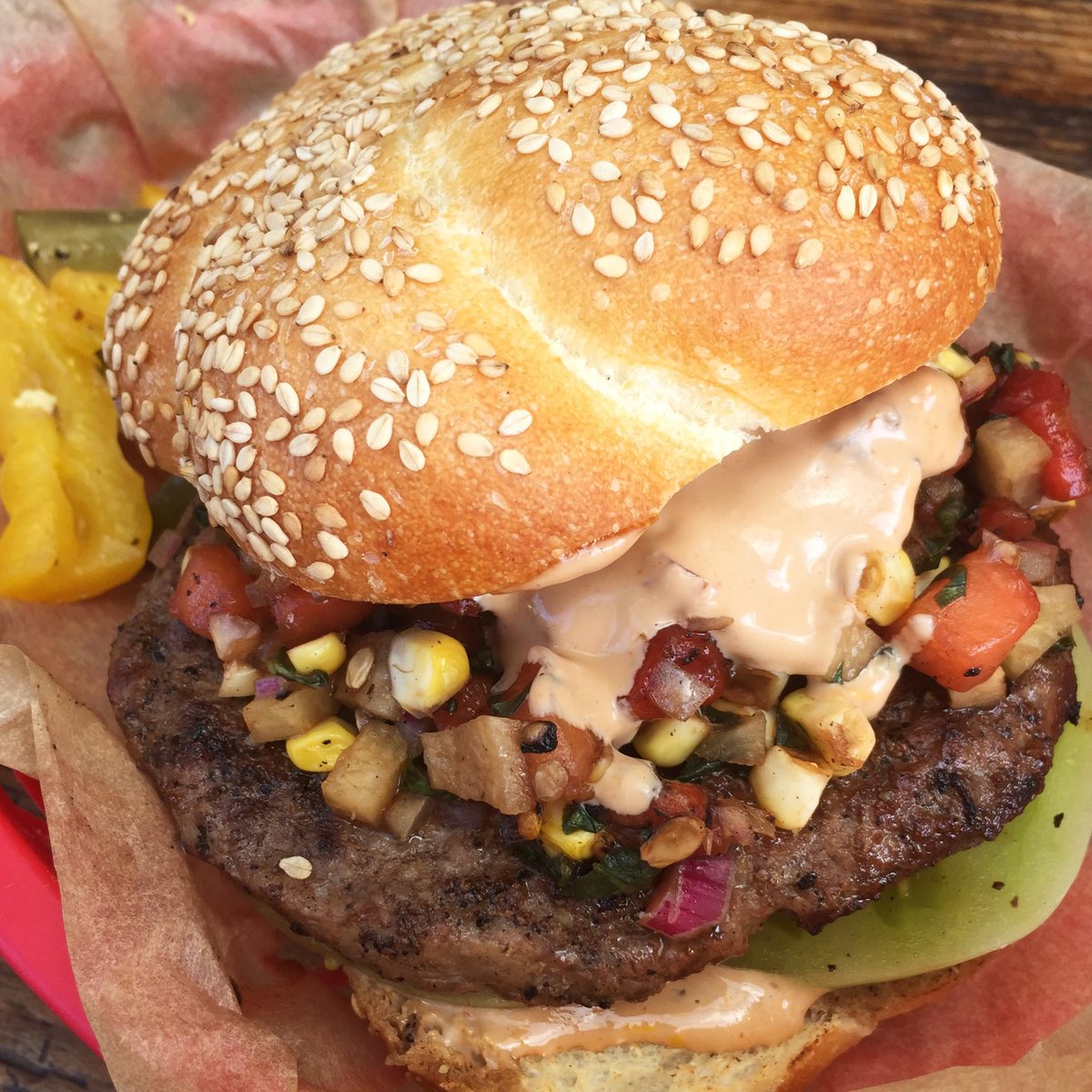 victoryburger's tweet photo. BOTW: smoked @full_belly_farm green tomato, watermelon-corn pico de gallo &amp; sweet balsamic mayo @FiveDotRanch #burger http://t.co/sGQKKPkJFy