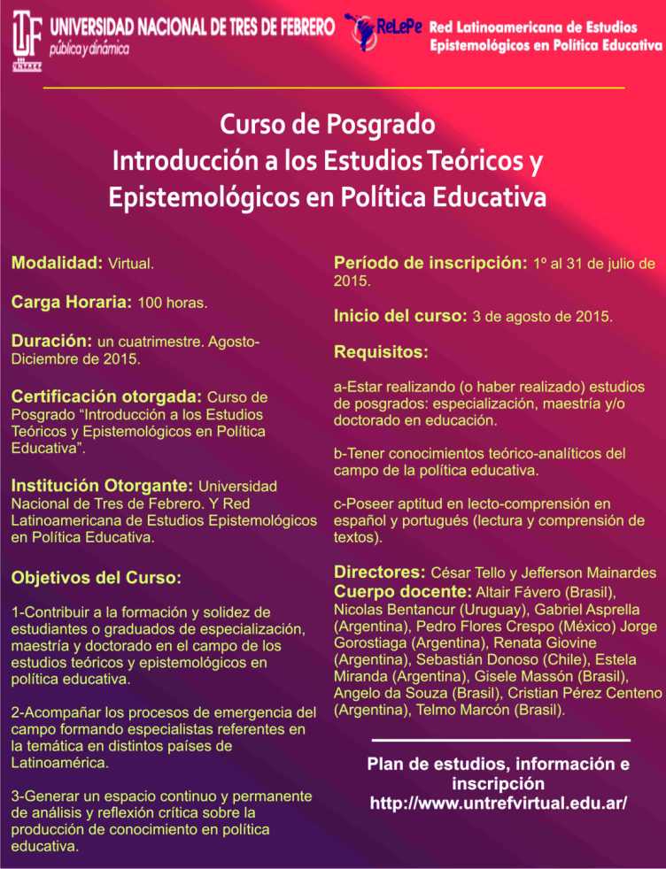 Relepe's tweet photo. @Relepe Curso de Posgrado Introducción Estudios Teóricos y Epistemológic en Política Educativa http://t.co/PLIBsLaDId http://t.co/YeIPg6Zr00