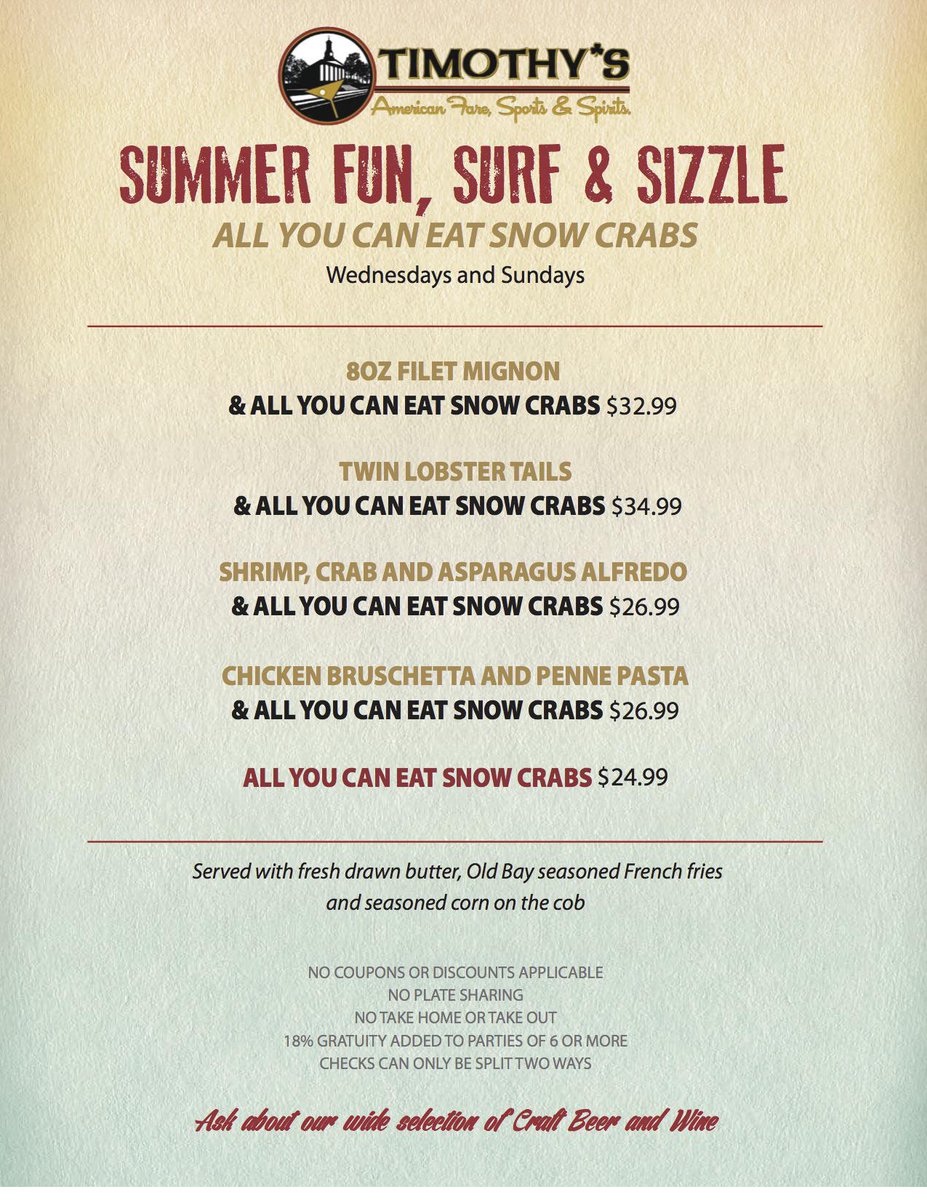 timsriverfront's tweet photo. Come out to Timothy's tonight for ALL YOU CAN EAT SNOW CRABS! http://t.co/oewxyCMFIr