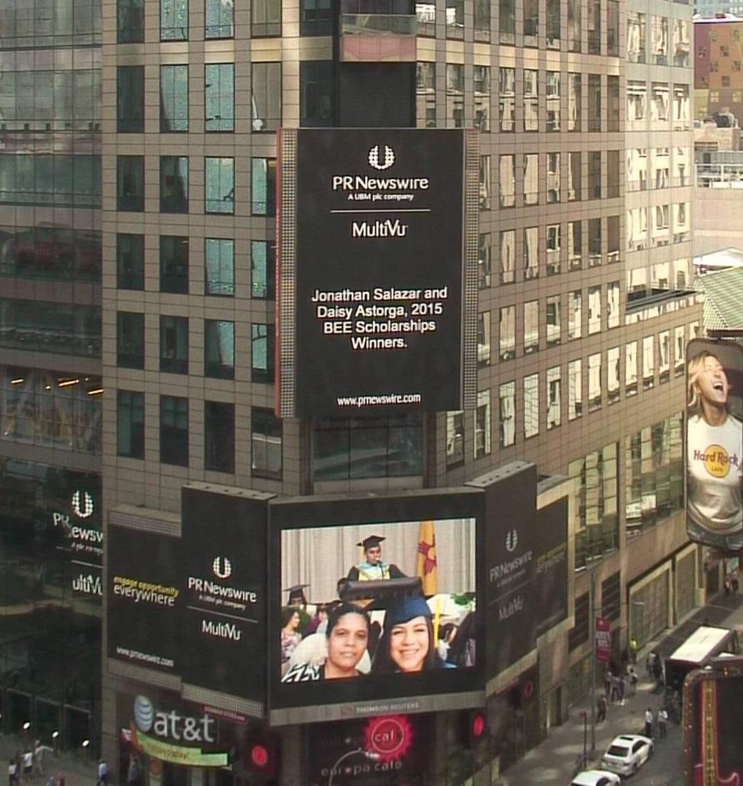 BEEScholar's tweet photo. Our top scholarship recipients, Jonathan Salazar @DukeU &amp; Daisy Astorga @SmithCollege honored on @TimesSquareNYC! http://t.co/f8K3JhGtNU