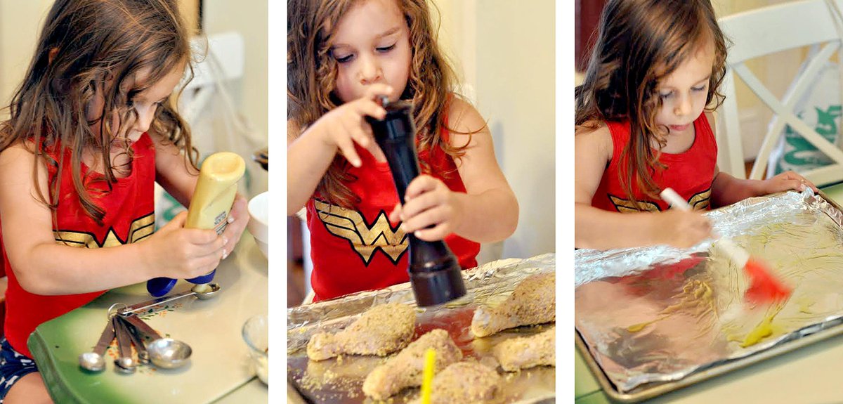 this week on #nytkidscook, a collab btw @NYTMotherlode and @nytfood, a 3yo learns to cook a modern shake 'n' bake 🐓.