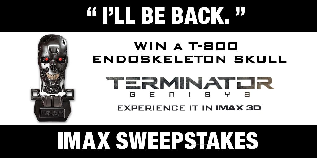 IMAX's tweet photo. He’s back &amp; needs a new tagline! Tweet a new Arnold line + #TerminatorIMAXsweeps to win! http://t.co/ukfWBWBUXS http://t.co/D0SWcAx49R