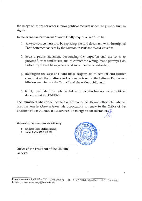 Ternafi's tweet photo. Protest letter of the Permanent Mission of #Eritrea to @UN_HRC #ForgeryIsACrime 
#HRC29 #COIEritrea #BogusReport http://t.co/6Osu41B04s