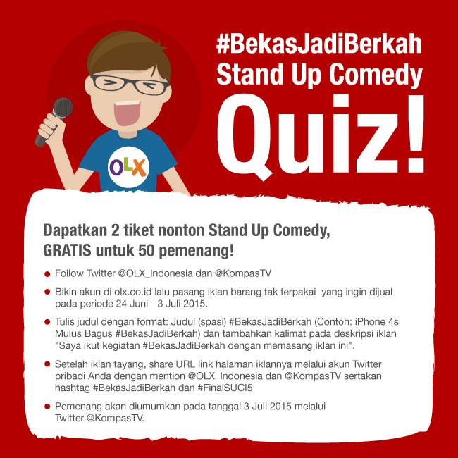 KompasTV's tweet photo. Mau 2 tiket ntn #FinalSUCI5 lgsg besok? Yuk share iklan #BekasJadiBerkah milikmu mention @OLX_Indonesia @KompasTV #Ad http://t.co/SvvmP3UWw1