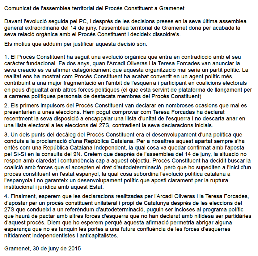 PConstGramenet's tweet photo. Ahir vam formalitzar la nostra dissolució com a assemblea local del @PConstituent. Comunicat explicant els motius http://t.co/RHjnHdktFf