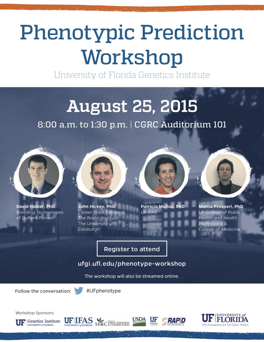 MarcioResendeJr's tweet photo. For the 3rd yr @UF @RAPiDGenomics @pmunoz_dv @ForestGenomics are organizing wksp on Genomic prediction.Free streaming http://t.co/3Qtsk2vLme