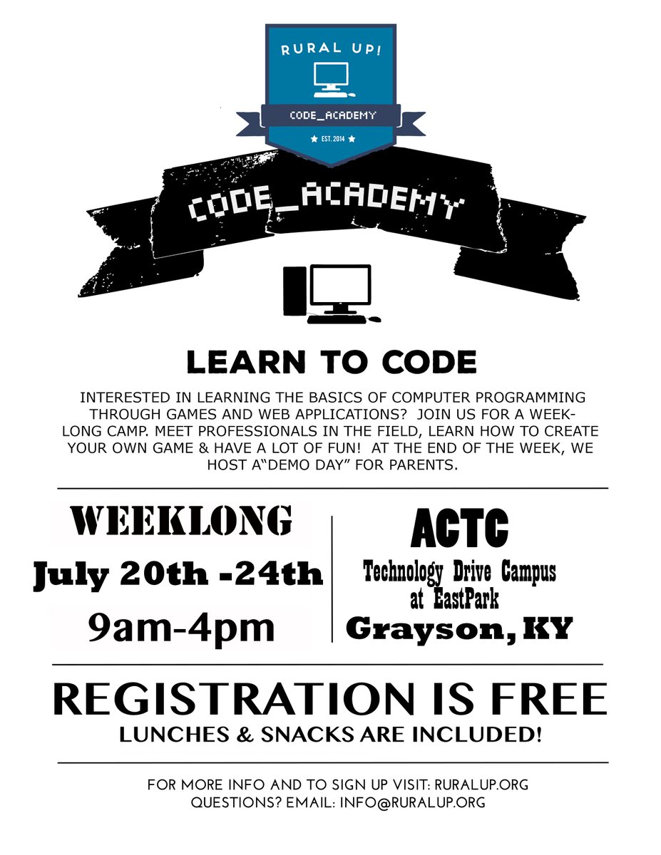Code Academy Camp at ACTC Technology Drive Campus EastPark! Sign-up TODAY! ruralup.org #learntocode