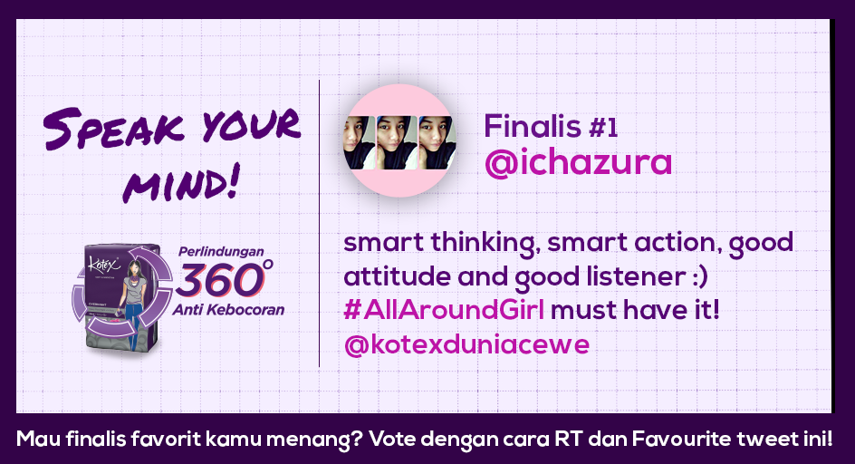 kotexduniacewe's tweet photo. Finalis #AllAroundGirl No.1 @ichazura - RT dan Fav tweet ini supaya Icha bisa memenangkan belanja gratis dari Kotex! http://t.co/NPOJAdkHJK