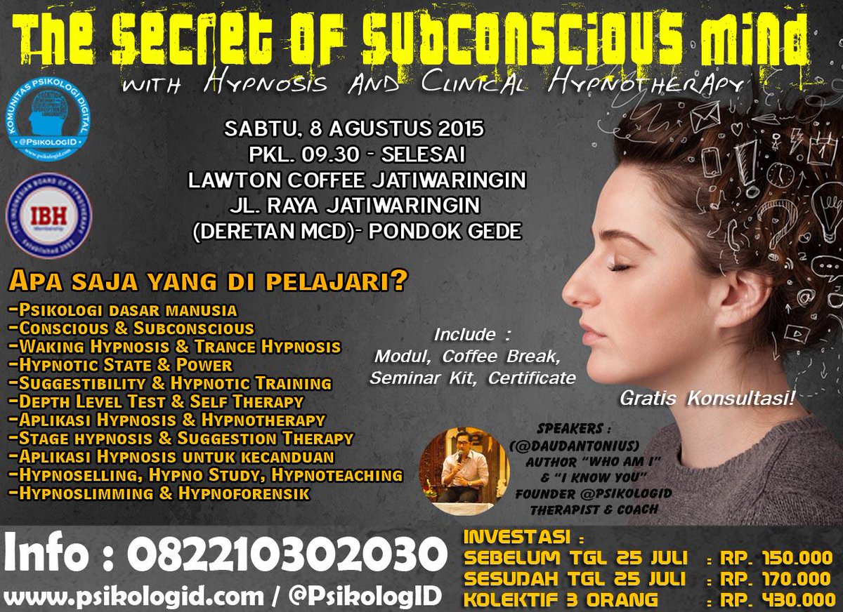 psikologid's tweet photo. @TrafficJakarta #Jakarta Seminar Psikologi : The Secret of Subconscious Mind  | 8 Agus 15 |09.30| 082210302030 http://t.co/EH7ExwYkKo