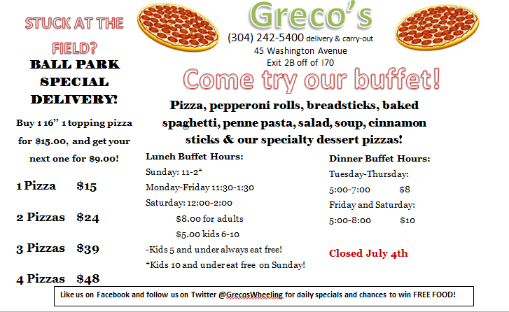 GrecosWheeling's tweet photo. Come out and see our buffet or call for delivery or carryout. 
45 Washington Avenue Whg
304-242-5400
#beastoftheeast http://t.co/TXJ3kFXsNF